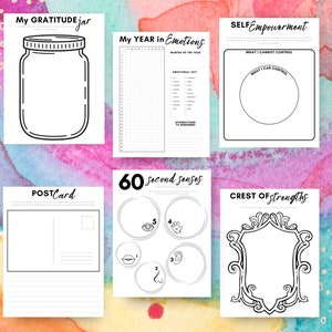 May include: A set of printable worksheets for self-reflection and mindfulness. The worksheets include prompts for gratitude, emotions, self-empowerment, senses, and strengths.