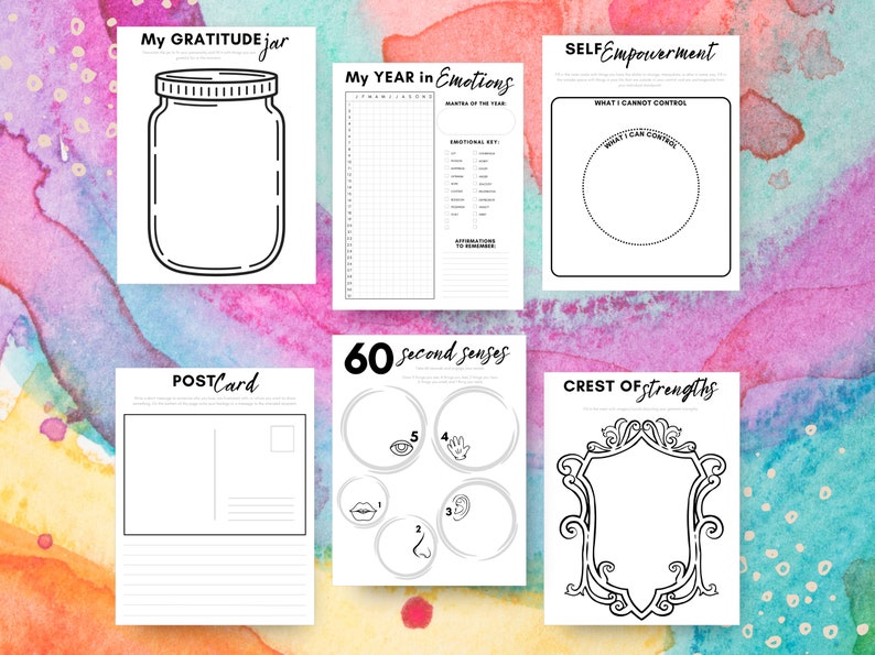 May include: A set of printable worksheets for self-reflection and mindfulness. The worksheets include prompts for gratitude, emotions, self-empowerment, senses, and strengths.