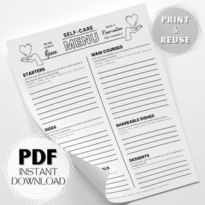 Könnte beinhalten: Ein schwarz-weißes druckbares Selbstpflege-Menü mit dem Text "Self-Care Menu" und "Make a Reservation for Yourself". Das Menü ist in vier Abschnitte unterteilt: Vorspeisen, Beilagen, Hauptgerichte und Gerichte zum Teilen. Es gibt auch einen Abschnitt für Desserts.