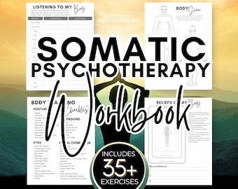 May include: A black and white workbook titled "Somatic Psychotherapy Workbook" with a silhouette of a person in a yoga pose. The workbook includes 35+ exercises and features body scan and belief check worksheets.