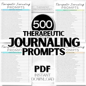 May include: A digital download of 500 therapeutic journaling prompts, divided into four categories: Emotional Processing, Creativity & Expression, Mindfulness & Gratitude, and Self-Discovery. The PDF download is available instantly.