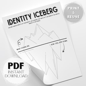 May include: A printable worksheet featuring a black and white iceberg graphic. The worksheet is titled "Identity Iceberg" and includes the text "Explore various aspects of your identity, recognizing that much of it lies beneath the surface, similar to an iceberg." The worksheet has two sections: "What others see" and "How I feel deep down".