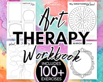 May include: Black and white art therapy workbook with the title "Art Therapy Workbook" and the text "Includes 100+ Exercises". The cover features several black and white illustrations, including a mirror, a wheel with emotions, and a person with clouds above their head.
