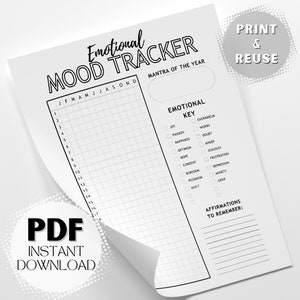 Emotional Mood Tracker Afdrukbare pdf Instant digitale download voor meer jaarlijkse en maandelijkse bewustwording en inzicht in emoties en gevoelens