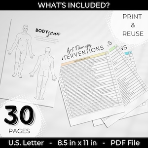 May include: A printable art therapy workbook with 30 pages of self-discovery exercises. The workbook includes a body scan activity and a list of art therapy interventions. The text "Print & Reuse" is visible on the page.