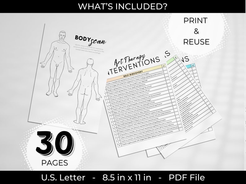 May include: A printable art therapy workbook with 30 pages of self-discovery exercises. The workbook includes a body scan activity and a list of art therapy interventions. The text "Print & Reuse" is visible on the page.