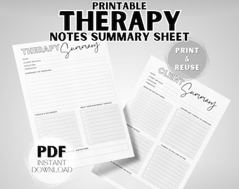 Puede incluir: Hoja de resumen de notas de terapia imprimible con secciones para la fecha, las iniciales del cliente, la ubicación, el terapeuta, el resumen de la sesión, los temas tratados, los temas de la próxima cita, los objetivos del cliente, los temas importantes a tratar, las cosas a seguir y los detalles importantes. El texto "Resumen de terapia" está en la parte superior de la hoja.