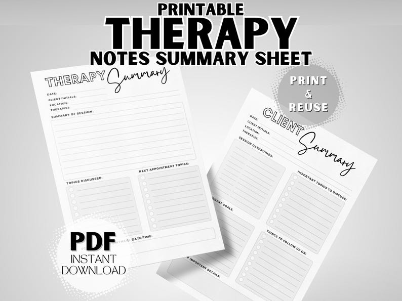 Therapy Notes Summary Sheet: Printable PDF Instant Digital Download to ...