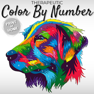 May include: Color by number printable featuring a colorful illustration of a dog's head. The image is divided into numbered sections, each corresponding to a different color.