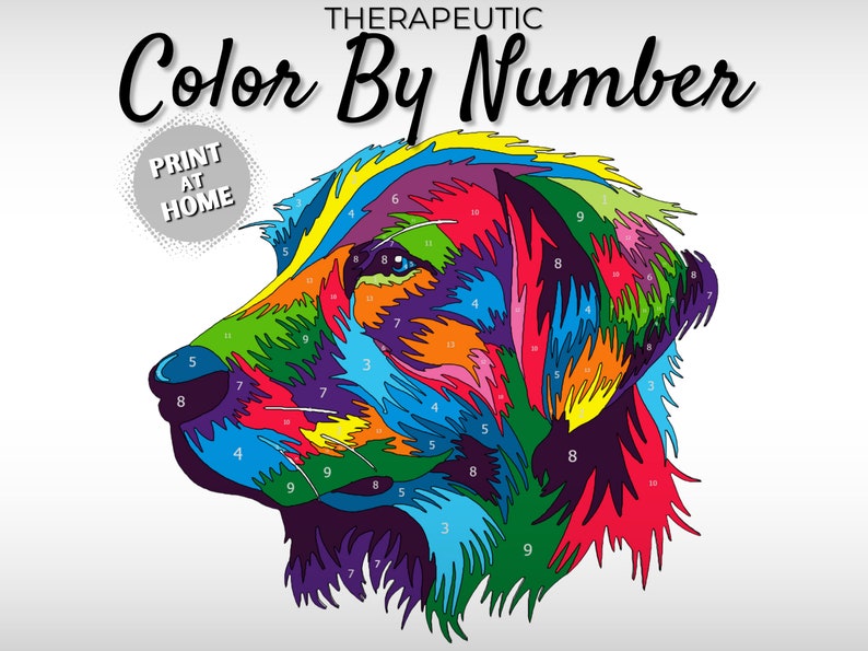 May include: Color by number printable featuring a colorful illustration of a dog's head. The image is divided into numbered sections, each corresponding to a different color.