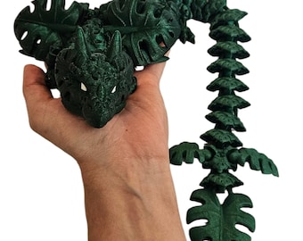 Monstera Dragon 3D Printed Articulated Dragon | Flexible Plant Dragon Figure | Fantasy Desk Pet | Monstera Leaf Dragon Gift | Fidget Dragon