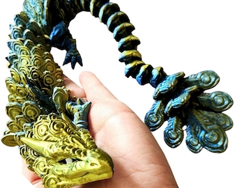 Peacock Dragon – 3D Printed Articulated Fantasy Dragon | Flexible Fidget Toy | Desk Companion | Mythical Creature Gift
