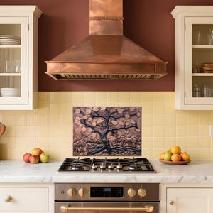Artisan Copper Backsplash – Autumn Maple Tree, Kitchen Metal Tile Mural, Nature-Inspired Hand-Hammered Wall Art for Cabin, Fireplace Decor.