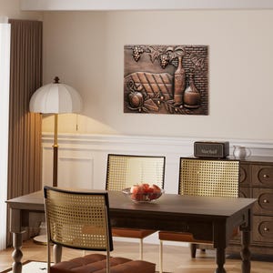 Artisan Copper Backsplash - Wine & Fruit Motif, Hand-Hammered Metal Tile Mural, Decorative Metal Wall Art for Kitchen, Bar or Fireplace.
