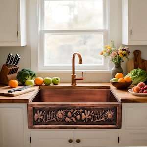 Hammered Copper Farmhouse Sink - Custom Single Basin with Sunflower Apron Front, Heavy-Duty Tarnish-Resistant & Rustproof Kitchen Sink.