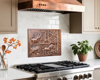 Hand-Hammered Copper Backsplash - Majestic Elk Foraging in Wilderness, Rustic Outdoor Scene Copper Mural Tile, Metal Wall Art for Kitchen.