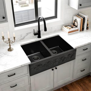 French Country Copper Farmhouse Sink, Double Basin Apron Front, Oil-Rubbed Bronze Patina, Commercial-Grade Kitchen Sink with Rounded Corners