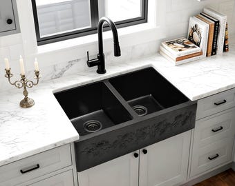French Country Copper Farmhouse Sink, Double Basin Apron Front, Oil-Rubbed Bronze Patina, Commercial-Grade Kitchen Sink with Rounded Corners