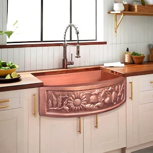 Hand-Hammered Copper Farmhouse Sink - Custom Size, Single Bowl Sunflower Design Apron Front,  Natural Patina Finish, Rustproof  for Kitchen.