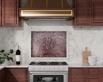 Hand-Hammered Copper Backsplash, Floral Totem Design, Antique Copper Tile Mural, Decorative Metal Wall Art for Kitchen, Bathroom, Fireplace.