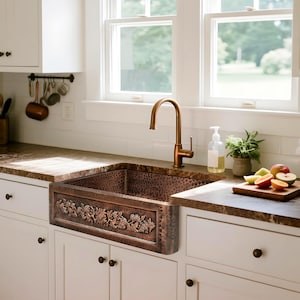 Hand-Hammered Copper Farmhouse Sink - Custom Size Single Basin Apron Front, Tarnish & Rust Resistant, Professional-Grade Kitchen Sink.