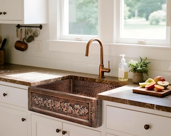 Hand-Hammered Copper Farmhouse Sink - Custom Size Single Basin Apron Front, Tarnish & Rust Resistant, Professional-Grade Kitchen Sink.