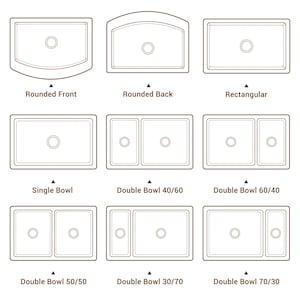 K&ouml;nnte beinhalten: Das Bild zeigt neun verschiedene K&uuml;chensp&uuml;lbecken-Designs, darunter Einzel- und Doppelbecken-Konfigurationen. Die Abbildungen zeigen verschiedene Formen, wie abgerundete Front, abgerundete R&uuml;ckseite und rechteckig. Textkennzeichnungen beschreiben jedes Design, einschlie&szlig;lich der Doppelbecken-Gr&ouml;&szlig;en.