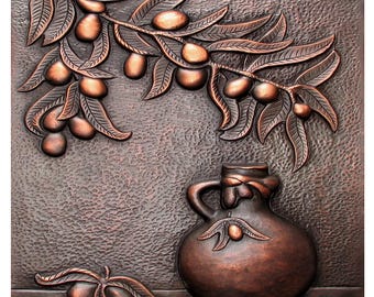 Hand-Hammered Copper Backsplash with Gallipot Pattern, Decorative Handmade Metal Wall Art, Copper Tile Mural for Kitchen and Bathroom.