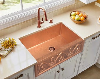 Hand-Hammered Copper Farmhouse Sink - Custom Size, Single Bowl Scroll Design Apron Front,  Natural Patina Finish, Rustproof  for Kitchen.