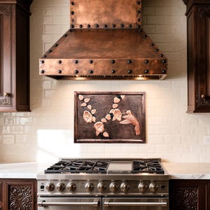 Floral Humming Bird Copper Tile Mural- Rustic Handcrafted Copper Kitchen Backsplash, Decorative Metallic Wall Art for Fireplace or Bathroom.