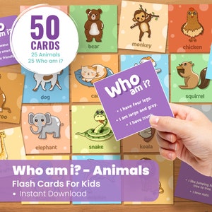 Conjunto de jogos de simulação de animais Who Am I - Jogos de cartas personalizados - Aprenda e jogue - Jogos educativos para imprimir