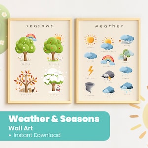 Conjunto de 2 carteles educativos - Carteles meteorológicos - Estaciones - Carteles de educación en el hogar - Impresiones meteorológicas y estacionales - Decoración del aula