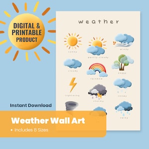 Poster météo, décoration murale pour enfants, carte météo, impression éducative, décoration de chambre d'enfant, décoration de salle de classe, matériaux Montessori