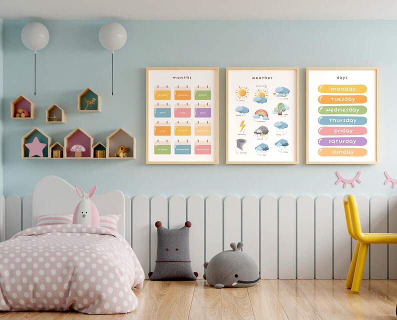 Set of 8 Educational Posters Montessori Classroom Decor Rainbow Nursery
