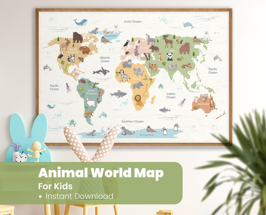 Animals World Map - Kids Animal World Map Printable - Nursery Wall ...