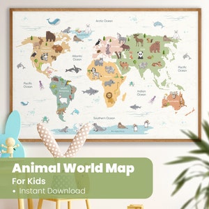 Karte der Tiere - Weltkarte zum Ausdrucken - Kinderzimmer Dekor - Kinderzimmer Poster - Lernposter