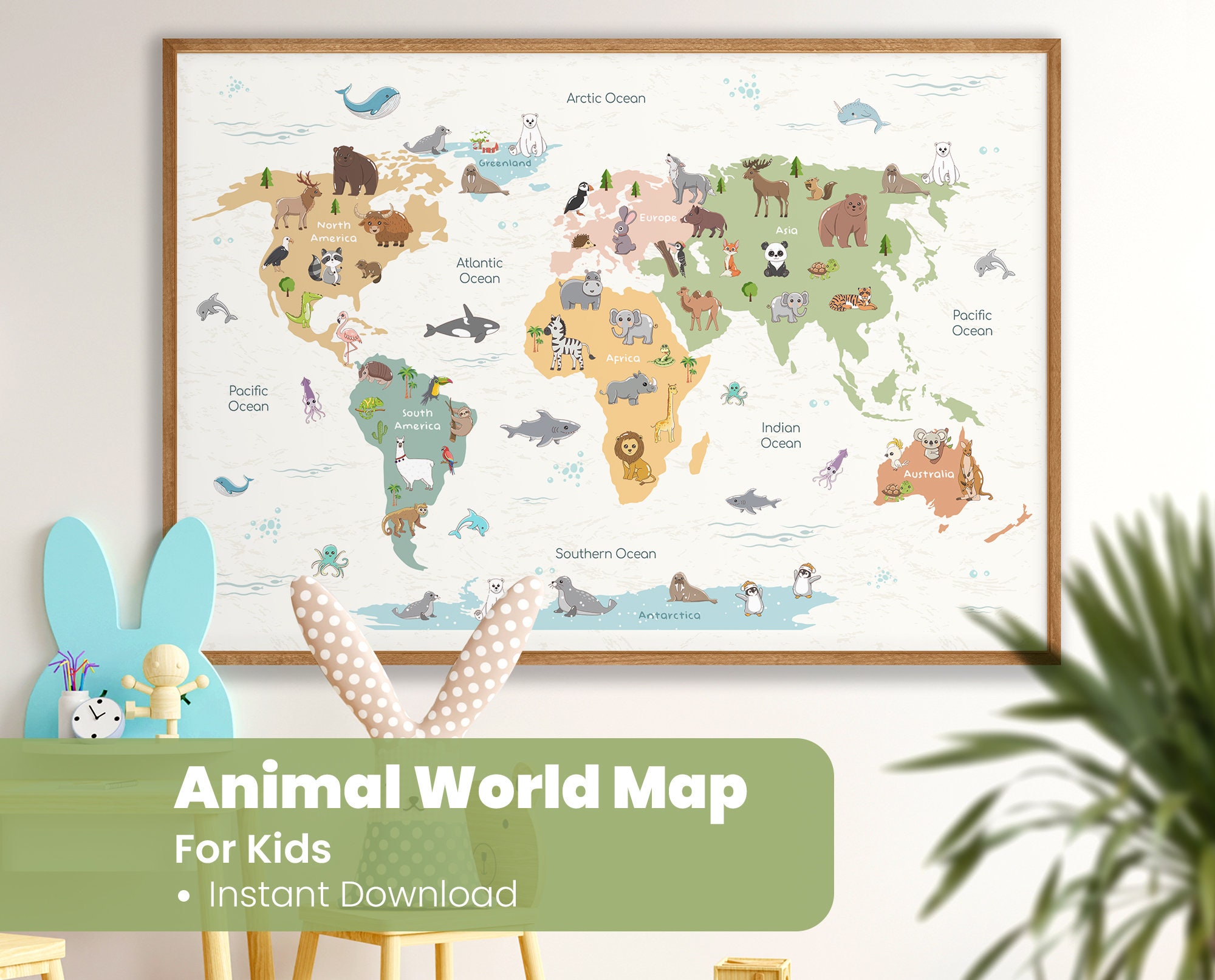Animals World Map - Kids Animal World Map Printable - Nursery Wall ...