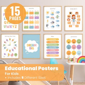 Set of 15 Educational Posters - Montessori Classroom Decor - Toddler Playroom - Neutral Kids Nursery - Homeschool Printable - Neutral Kids