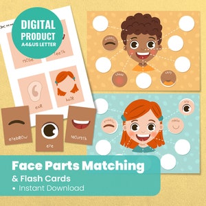 Juego de combinación de partes de la cara Tarjetas didácticas de actividad de aprendizaje - Actividad de partes del cuerpo humano - Actividad para niños pequeños Libro ocupado Material Montessori
