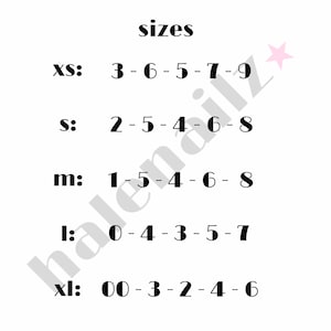 May include: A black text chart titled sizes listing five rows labeled xs, s, m, l, and xl, each followed by a sequence of numbers separated by hyphens. The text halenailz is visible in light gray, and a small pink star is located in the top right corner.
