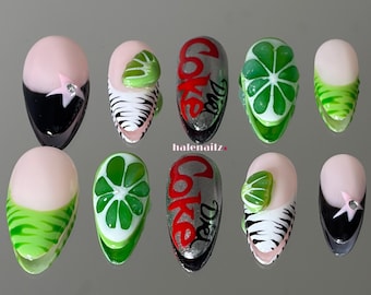 Coca Cola Inspired Press On Nails | Y2K Lime Nails | Zebra Print Press Ons | Neon Green Nails | Handmade Gel Set