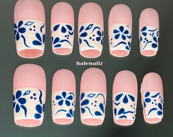 Porcelain Floral French Tip Press On Nails | Blue White Gel X Nails
