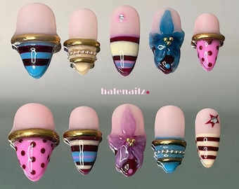 Maximalist Press On Nails | 3D Flower Nails | Gold Chrome Nails | Retro Striped Nails | Luxury Nail Set | Bangle Nails