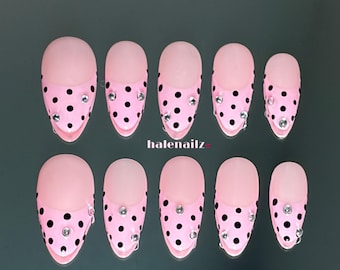 Pink Polka Dot French Tip Press On Nails | Y2K Coquette Rhinestone Gel Nails
