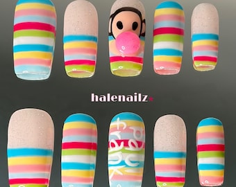 Paul Frank Inspired Press On Nails | Rainbow Stripe Nails | Bubblegum Monkey Nails | Y2K Cartoon Press Ons | Handmade Gel Set