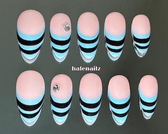 Blue Black Stripe French Tip Press On Nails | Y2K Glossy Gel Manicure