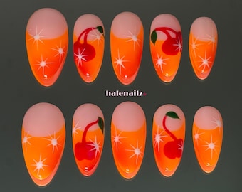Hand-Painted Cherry French Tip Press On Nails | Y2K Orange Aura Gel Nails