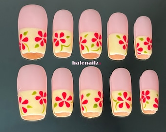 Pink Floral French Tip Press On Nails | Retro Flower Nails | Spring Press Ons | Y2K Daisy Nails | Handmade Gel Nail Set