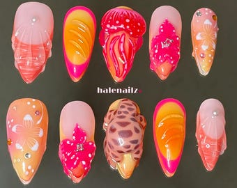 Mermaidcore Press On Nails | Tropical Hibiscus Nails | Jellyfish Nails | Beachy Summer Nails | Handmade Gel Set | Turtle Nails | Summer Vibe