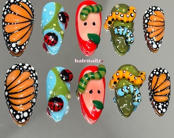 Woodland Whimsy Press On Nails | Cottagecore Nails | Forest Fairy Nails | 3D Apple Nails | Ladybug Nails | Butterfly Nails | Hand Painted Pr